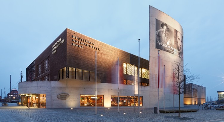 German Emigration Center building with modern architecture and clear blue sky