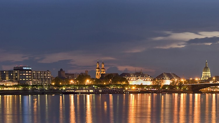 Night view of the Johannes Gutenberg statue and city lights reflected in the water