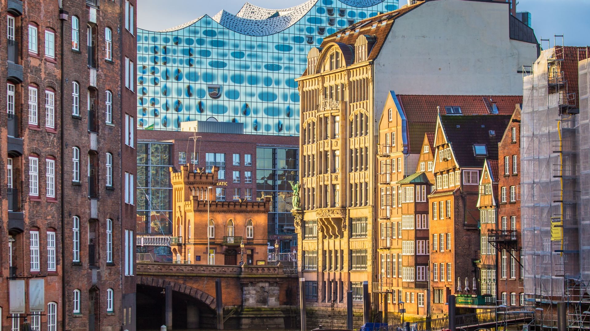 Historic buildings in Hamburg with modern architecture and blue skies